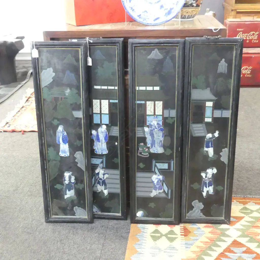 4 VINTAGE CHINESE B/W PORCELAIN INLAID LACQUERED WOODEN PANELS 880x240mm Image 1++