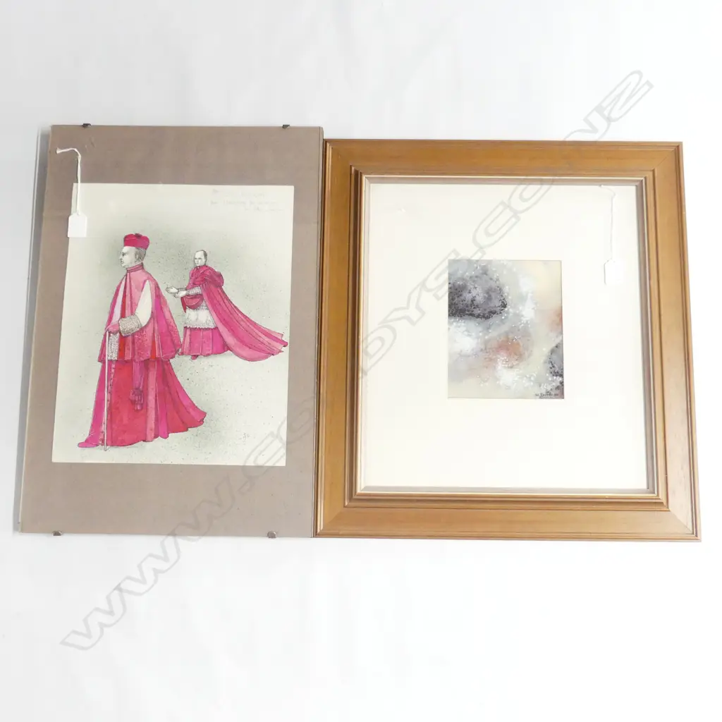 2 ARTWORKS; PETER LUKE W/C COSTUME SKETCH; HADRIAN THE SEVENTH; COLLEGIUM 380x305mm + VAL RAYMOND ABSTRACT W/C 190x150mm Image 1++