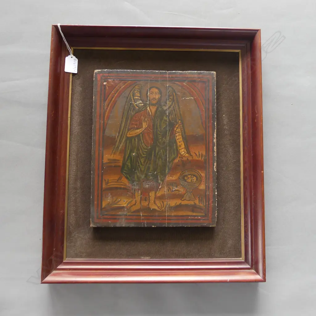 FRAMED VINTAGE GREEK ICON 'ARCHANGEL W. THE HEAD OF ST JOHN THE BAPTIST' 310x245mm Image 1++