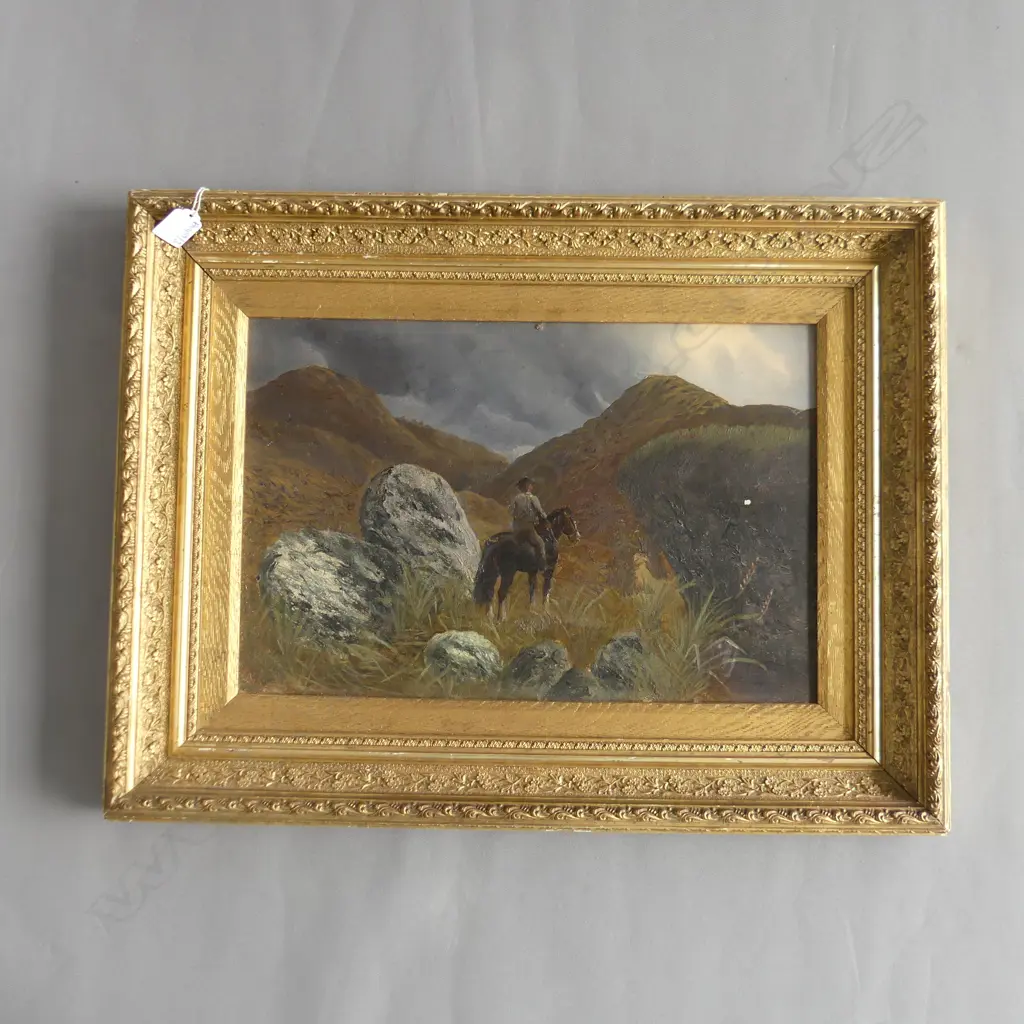 ANTIQUE ARTWORK - MOUNTAIN SCENE w. MAN ON HORSE - GILT FRAME (old borer) 290x440mm Image 1++