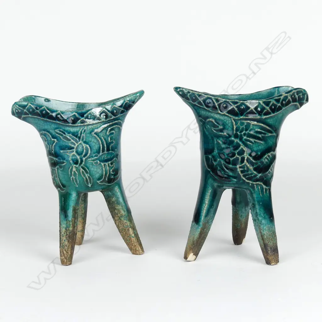 PR TURQUOISE GLAZED CHINESE TRI-POT VESSELS H.110mm Image 1++