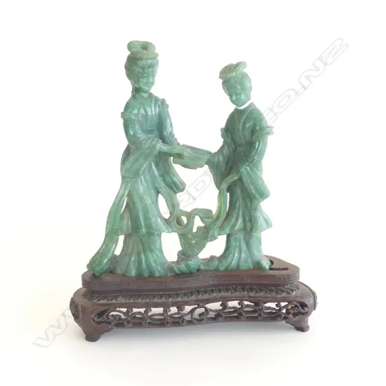 CHINESE JADE 2 FIGURE CARVING ON WOOD BASE minor faults