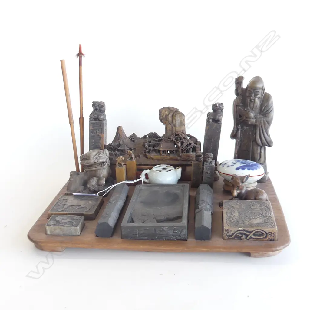 VINTAGE CHINESE CARVED SOAPSTONE WRITING SET; INK STONE, CHOP SEALS ETC W.310mm Image 1++
