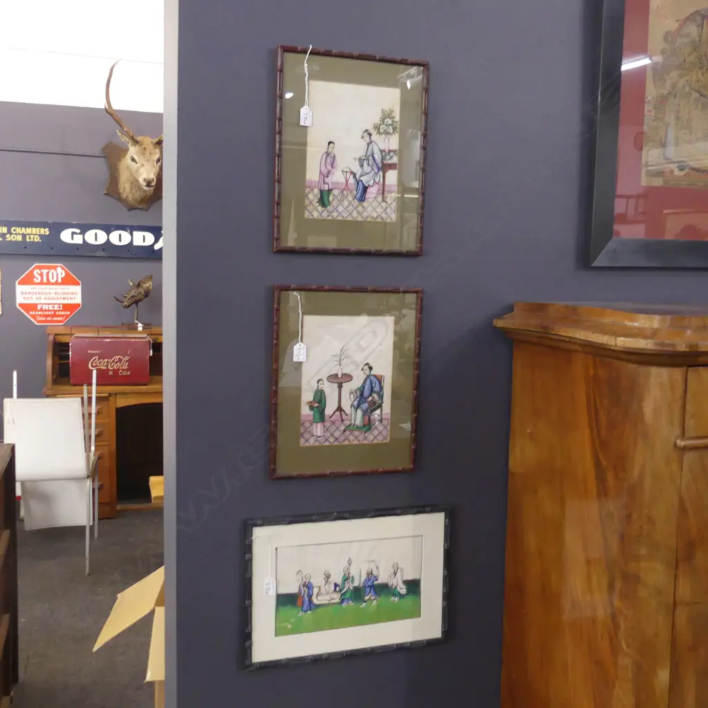 3 CHINESE PAINTINGS IN FAUX BAMBOO FRAMES 180x315mm Image 1++