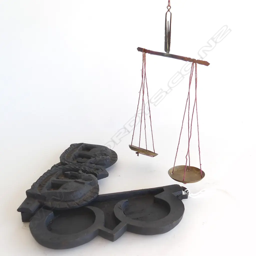 ANTIQUE BRASS OPIUM SCALES IN WOODEN CARVED ELEPHANT CASE, L 160MM Image 1++