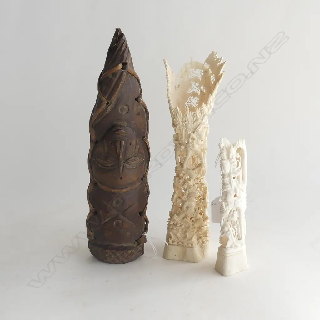 3 CARVINGS: 2 INDIAN FINELY CARVED BONE & TRIBAL WOOD MASK Image 1++