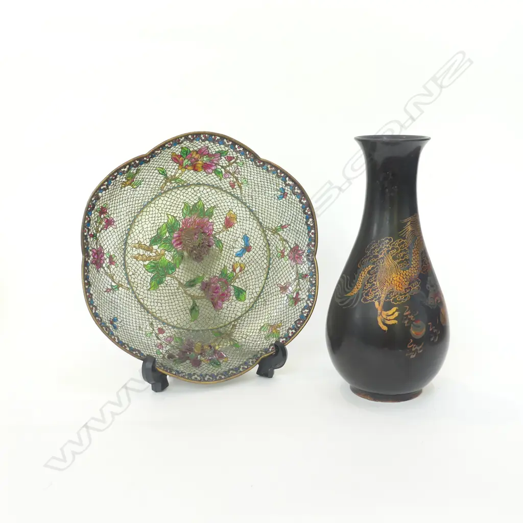 LACQUER VASE w. DRAGON H.200mm + TRANSPARENT CLOISONNE PLATE 205mm dia Image 1++