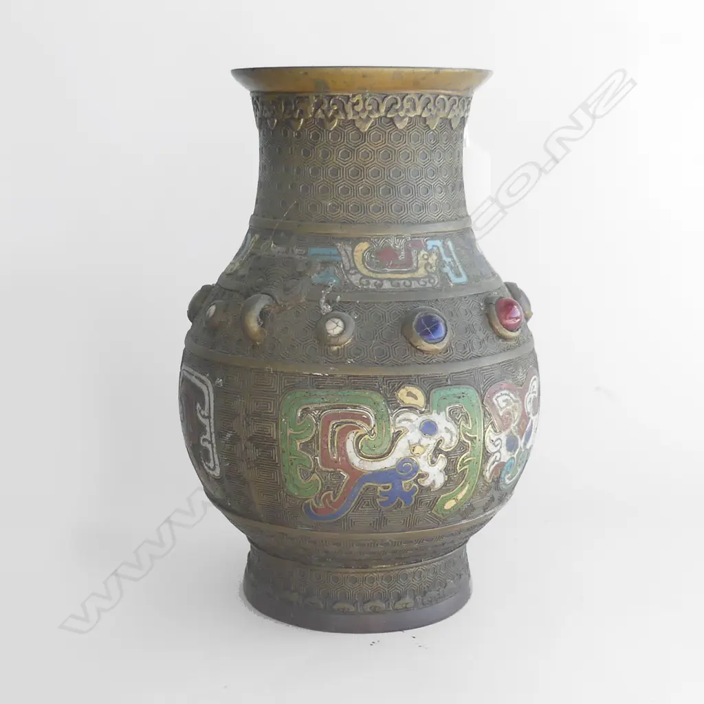 C1900 CHINESE BRASS CHAMPLEVE ENAMELLED VASE jewelled band to the shoulder w stones H.255mm Image 1++
