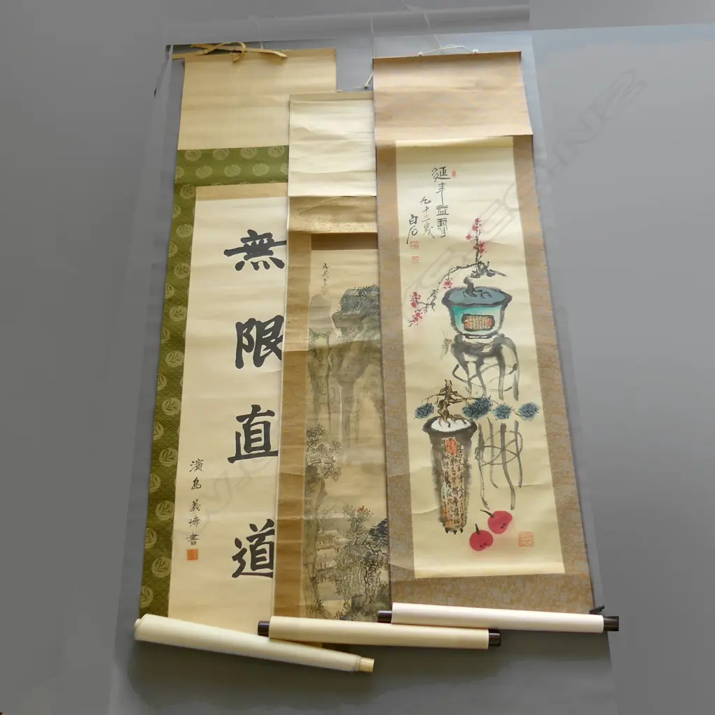 3 VINTAGE ORIENTAL SCROLLS: MOUNTAINOUS LANDSCAPE W/C ETC. bone & rosewood ends Image 1++