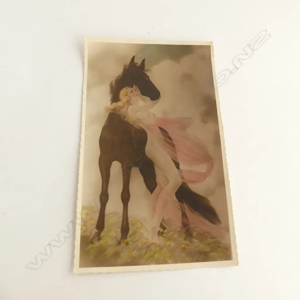 1920'S COLOURED PHOTO OF NAKED WOMAN W BLACK HORSE & PINK DIAPHANOUS DRAPE 235 X 140mm Image 1++