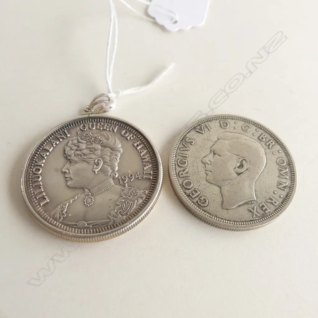 2 COINS; 1937 GEORGE IV CROWN + ROYAL HAWAIIAN 999 SILVER AKAHI DALA TROY OUNCE  Image 1++