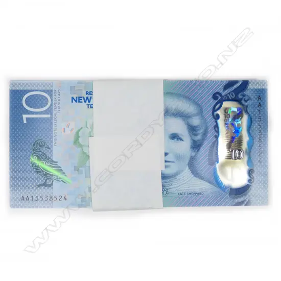100 X $10 NZ KATE SHEPHARD 'WHEELER'  BANKNOTES UNC 'BRICK'