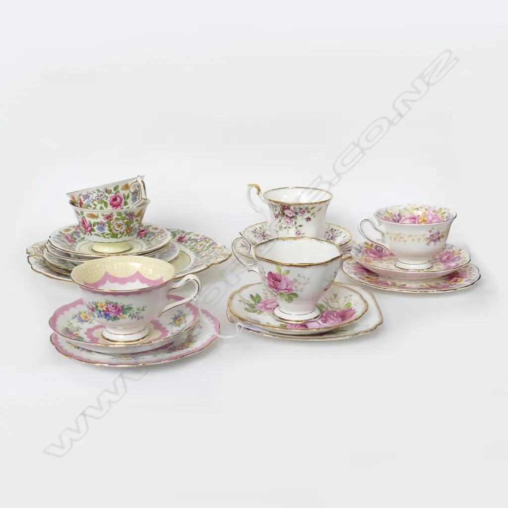 4 PINK FLORAL ROYAL ALBERT TRIOS + 7 PCES ROYAL CROWN DERBY; 2 TRIOS + CAKE PLATE Image 1++