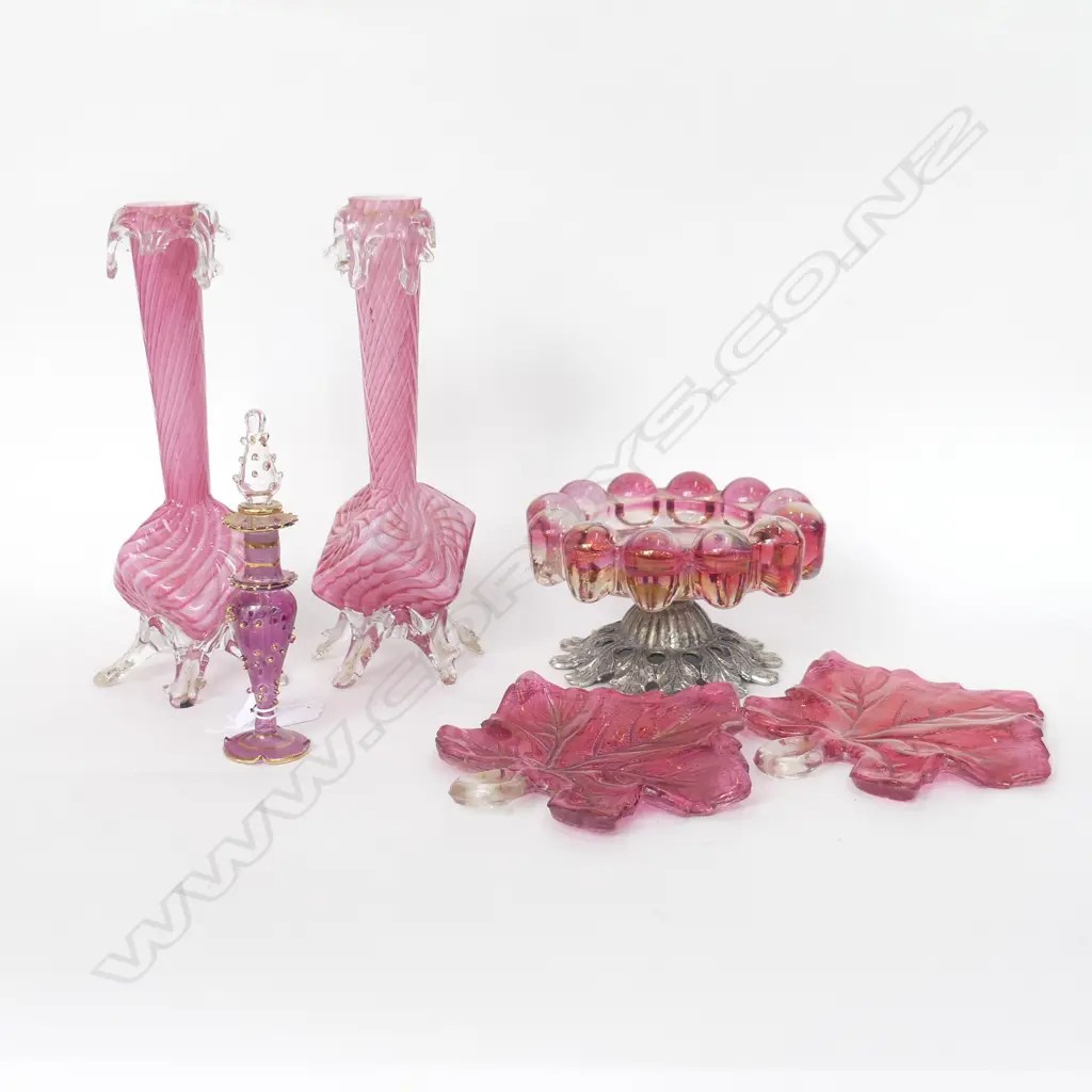 6 PCES ASST. RUBY / CRANBERRY GLASS; PR VASES H.200mm (small loss), 2 LEAVES, PERFUME BOTTLE & SMALL COMPORT Image 1++