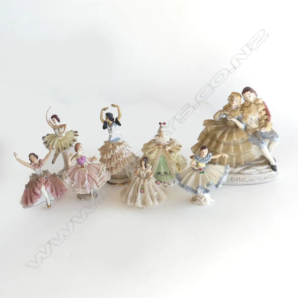 8 DRESDEN & DRESDEN TYPE LADY FIGURINES W CRINOLINE LACE minor damage to a couple  Image 1++