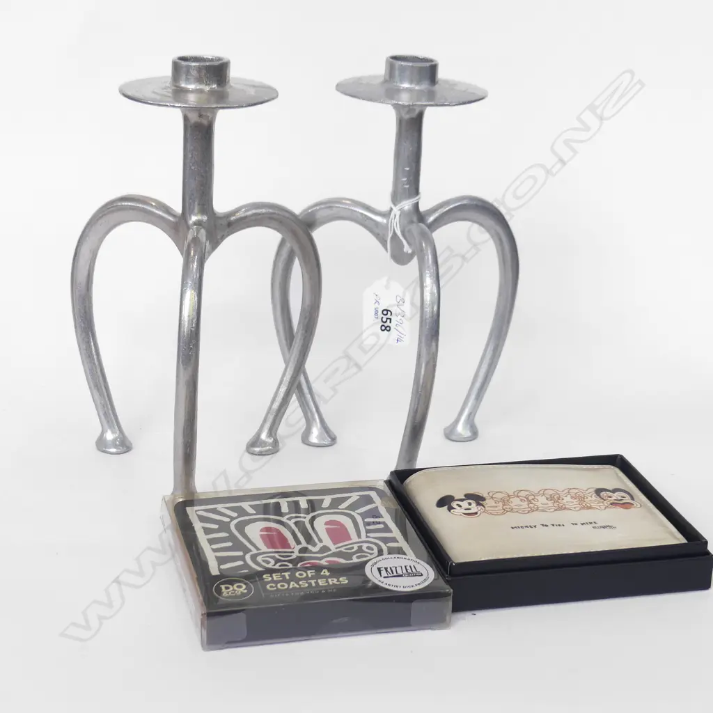 PR STEPHANE RONDEL CANDLEHOLDERS H.210mm + FRIZZELL TIKI WALLET & 4 COASTERS Image 1++