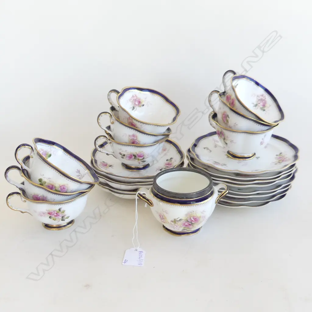 24 PCES ANTIQUE CRESENT CHINA TEA SET; 9 CUPS (1 AF), 6 SAUCERS, 8 SIDE PLATES + SUGAR BOWL w. STG RIM Image 1++
