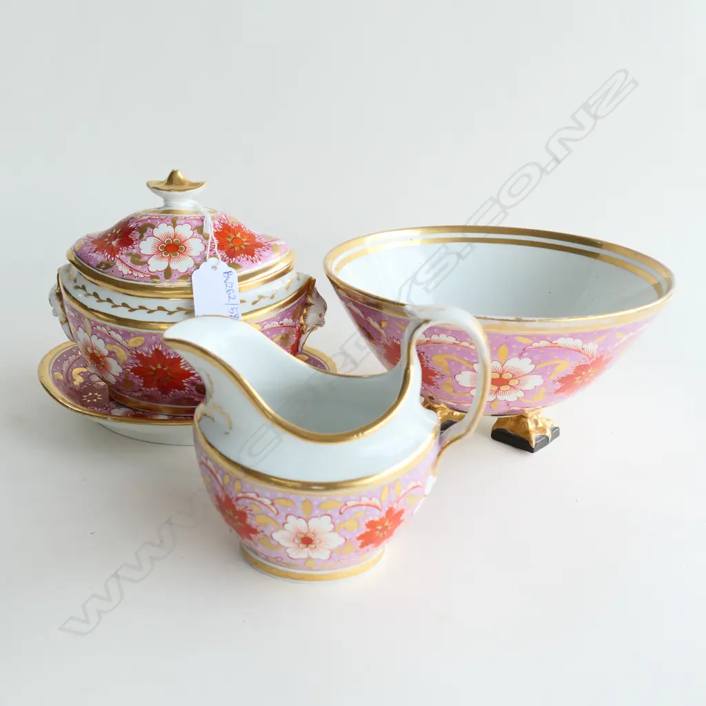 3 PCES 19thC CHINA; 3 FOOTED BOWL 200mm dia, JUG & OVAL LIDDED SUGAR w. PLATE Image 1++