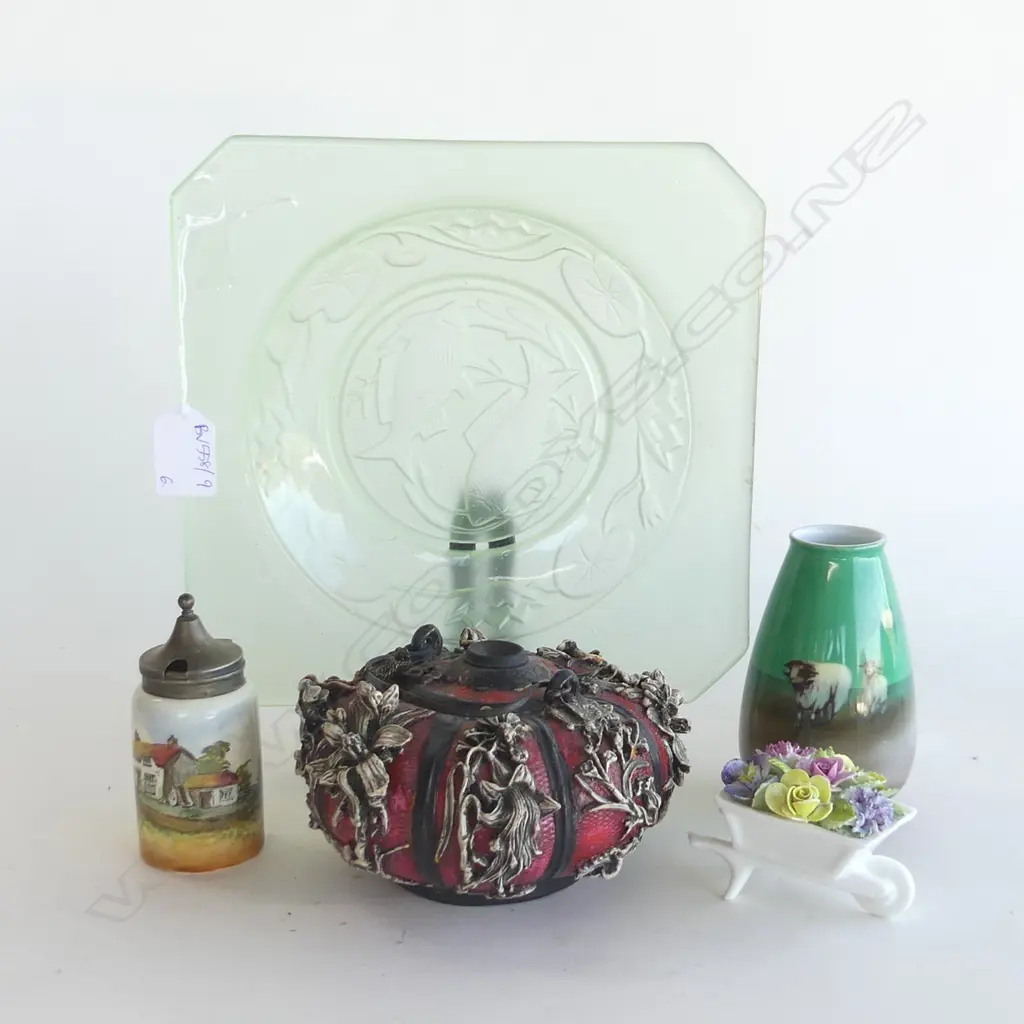 SQUARE GREEN GLASS PLATE + 4 PCES CHINA + RESIN ORIENTAL CONTAINER SOME FAULTS Image 1++