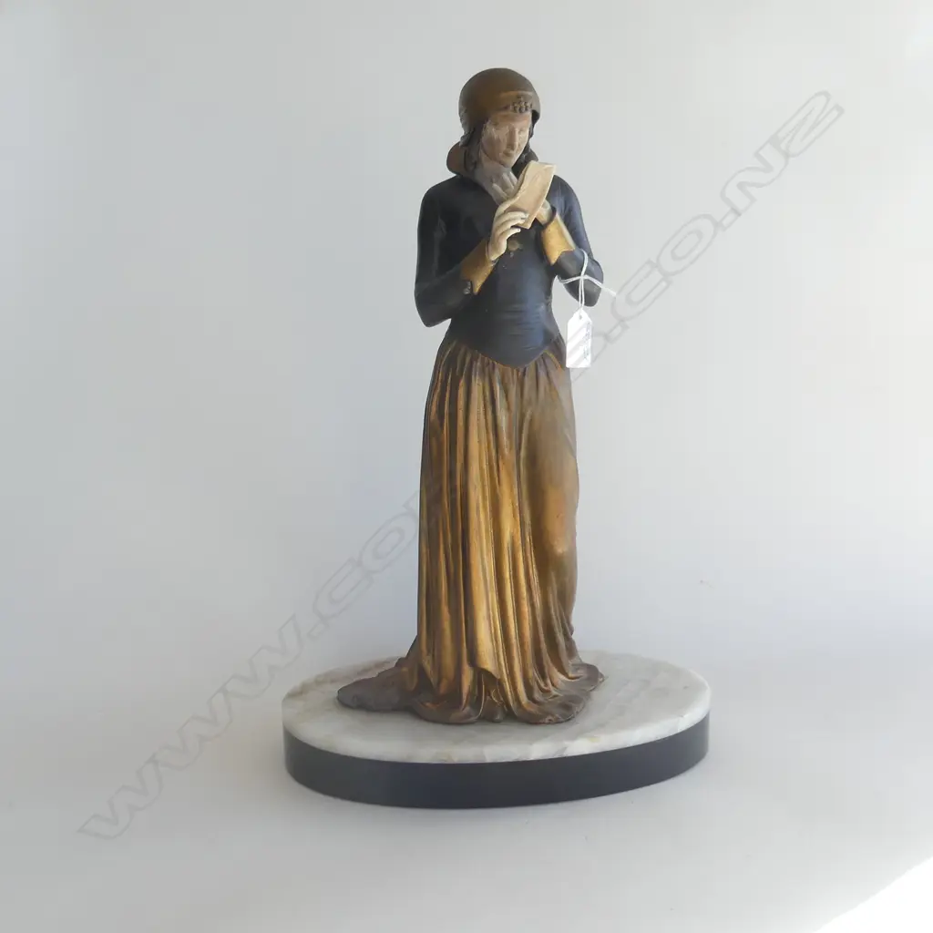 ART DECO STYLE METAL FIGURINE WOMAN READING bronzed finish on marble base H.450mm. Image 1++