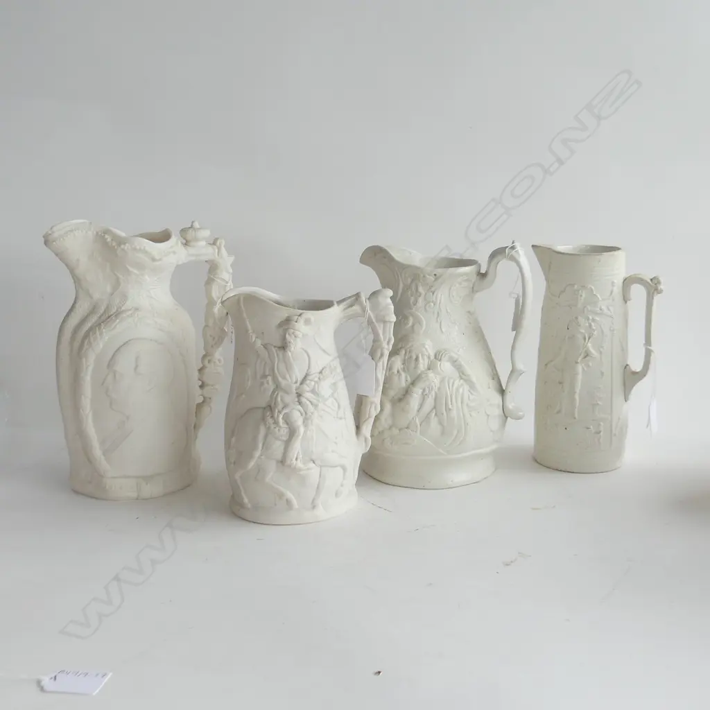 4 VICTORIAN PARIAN WARE JUGS  EACH EMBOSSED WITH FIGURES INC. PRINCE CONSORT (H.185, 2 x 200 & 240mm) 2 A/F Image 1++