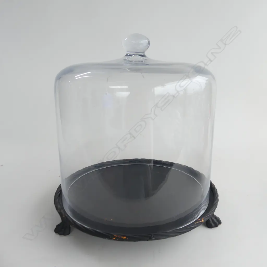 LARGE GLASS FOOD DOME & 3 FOOTED METAL PLATE H.340 / 320mm dia Image 1++