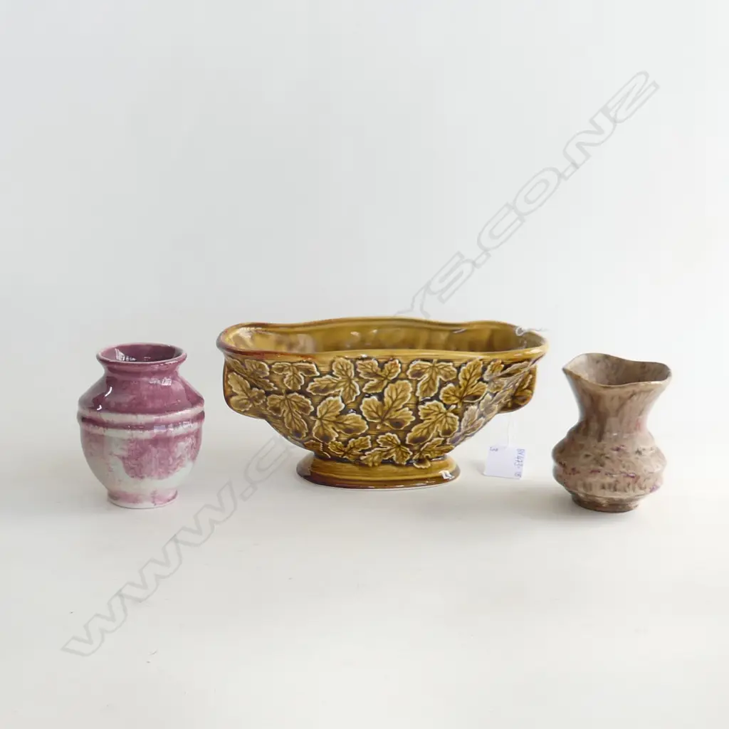 CROWN LYNN VASES;  HONEY GLAZE  2092 (L. 205MM) & 2 TRICKLE GLAZE  NOS 63 & 64 (H90 & 85MM) Image 1++