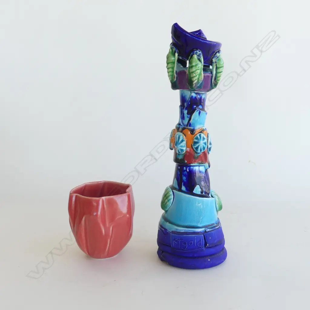 KATIE GOLD STUDIO ART POTTERY CANDLESTICK H.270mm + STEINER CERAMICS RED CUP H.85mm Image 1++