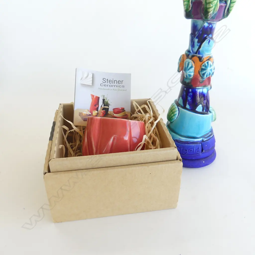KATIE GOLD STUDIO ART POTTERY CANDLESTICK H.270mm + STEINER CERAMICS RED CUP H.85mm Image 1++