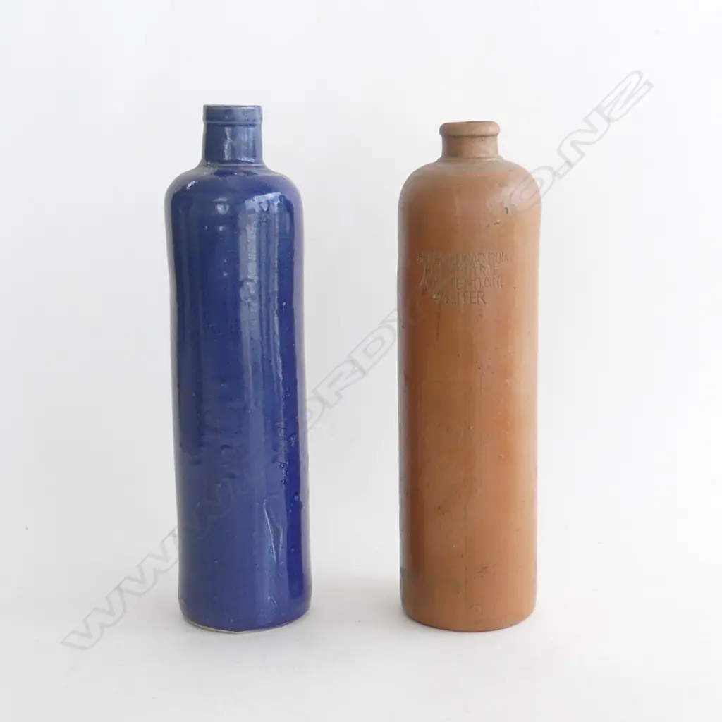2 OLD STONEWARE BOTTLES; 1 BLUE JAMES BREAM NY & 1 ERVEN LUCAS AMSTERDAM H. 285 & 280MM Image 1++