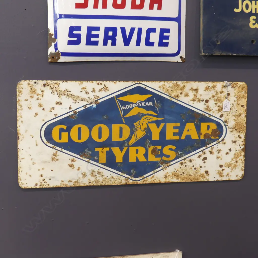 VINTAGE DOUBLE SIDED ENAMEL SIGN GOOD YEAR TYRES 305x685mm Image 1++