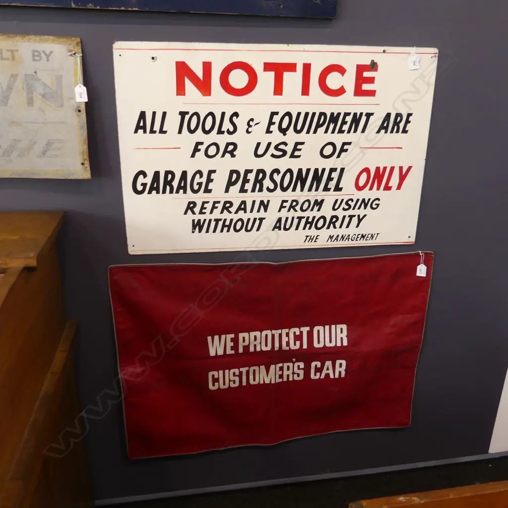 VINTAGE H/PAINTED SIGN 'NOTICE ALL TOOLS & EQUIPMENT...' 505x765mm + VINYL COVER 'WE PROTECT OUR CUSTOMERS CARS' Image 1++