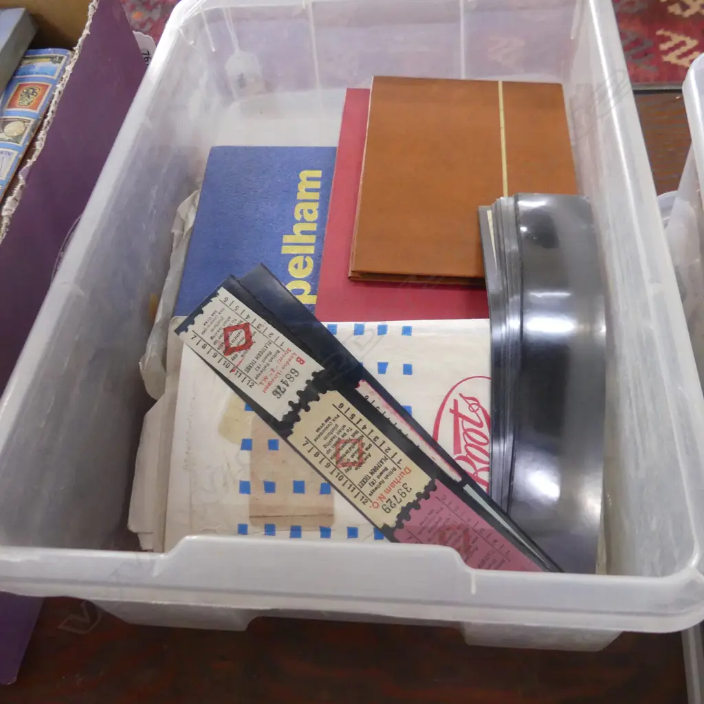 TRAY OF STAMP ALBUMS VINTAGE ENGLISH RAILWAY TICKETS ETC Image 1++