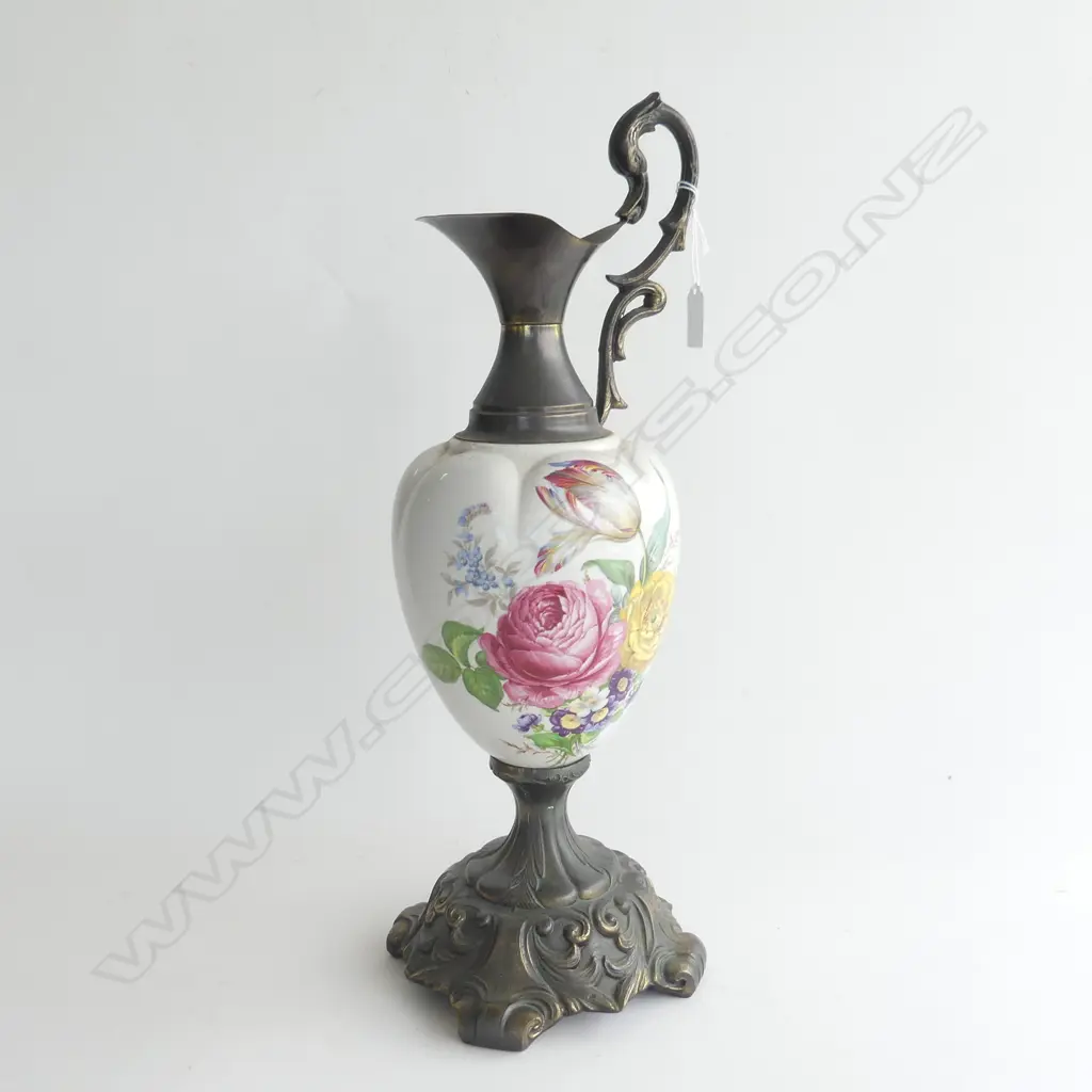 LARGE METAL AND EARTHEN WARE FLORAL EWER H 500 MM GLAZE WITH CRAZING Image 1++
