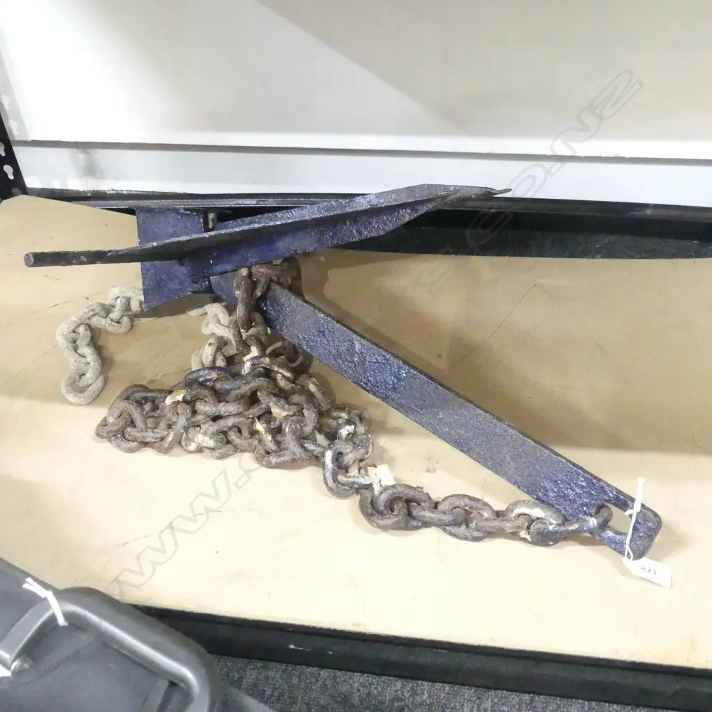 BLUE PAINTED CAST IRON BOAT ANCHOR w. CHAIN H.600mm Image 1++