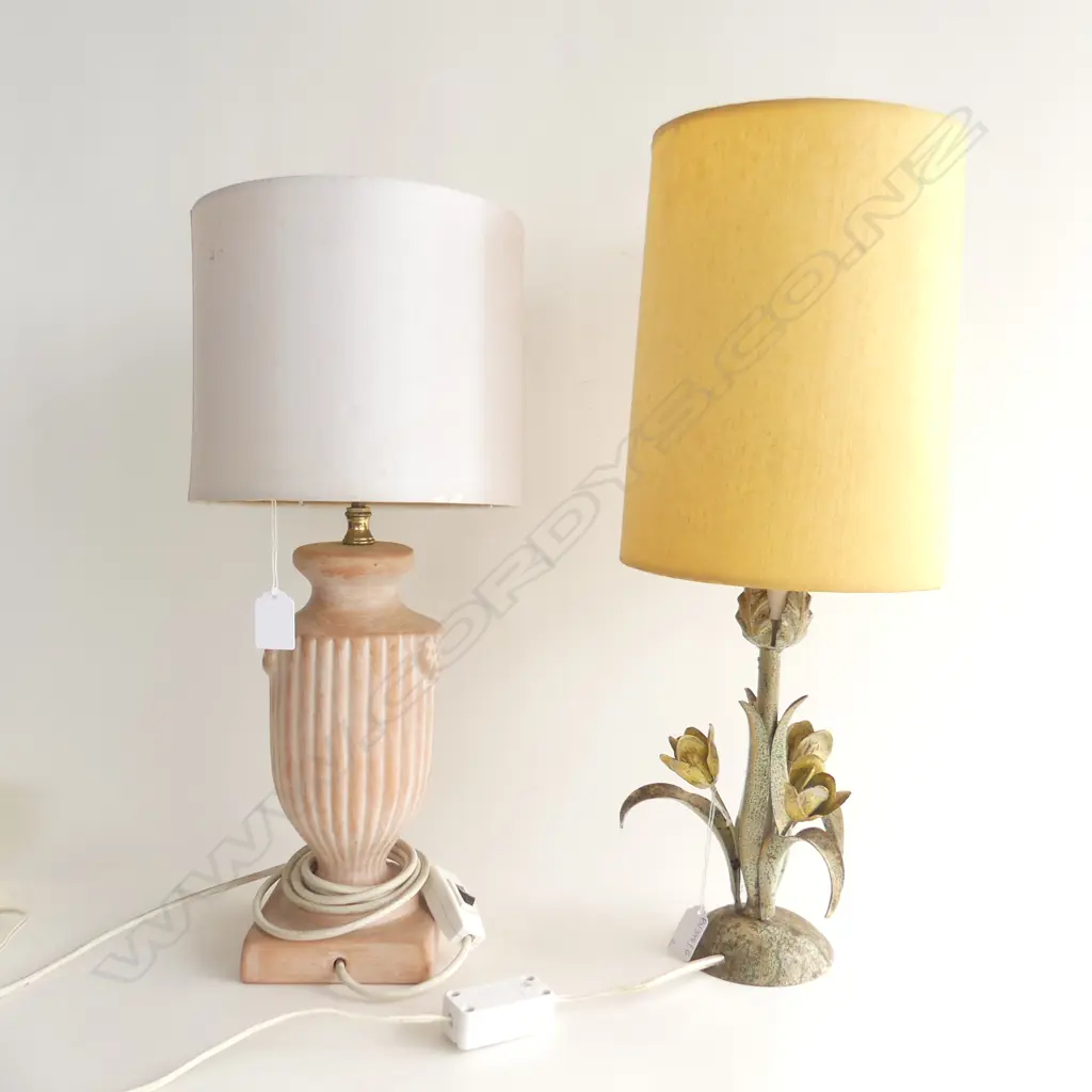 2 LAMPS; METAL FLORAL w. YELLOW SHADE H.525mm, CERAMIC URN SATIN SHADE H.460mm Image 1++