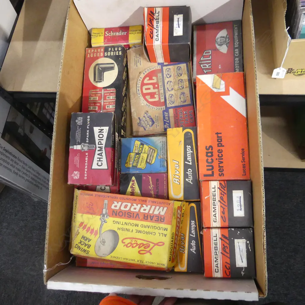 BOX LOT VINTAGE CAR EQUIPTMENT; BULBS, FUSES, SPARK PLUGS ETC ALL IN ORIG. BOXES Image 1++