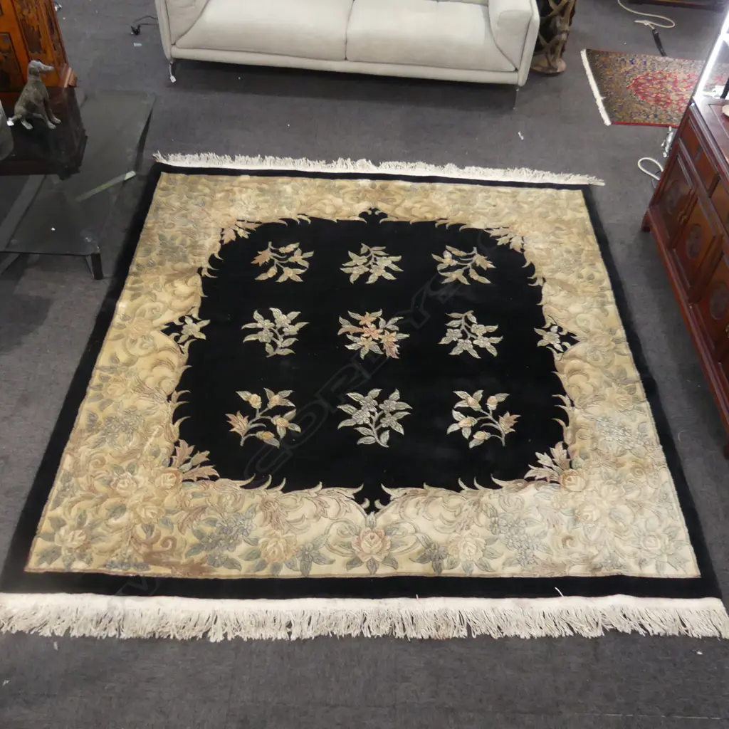 LARGE BLACK MACHINE TUFTED RUG 2700x2400mm some marks Image 1++