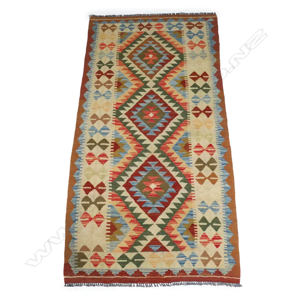 HANDWOVEN KILIM RUG, GEOMETRIC PATTERNS, IN ORANGE, GREEN & BLUE TONES, 2000 x 1010mm Image 1++