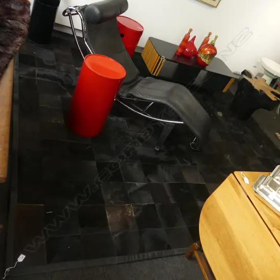 LARGE BLACK COWHIDE RUG - SQUARE PATCHES w. LEATHER TRIM 3100x2700mm