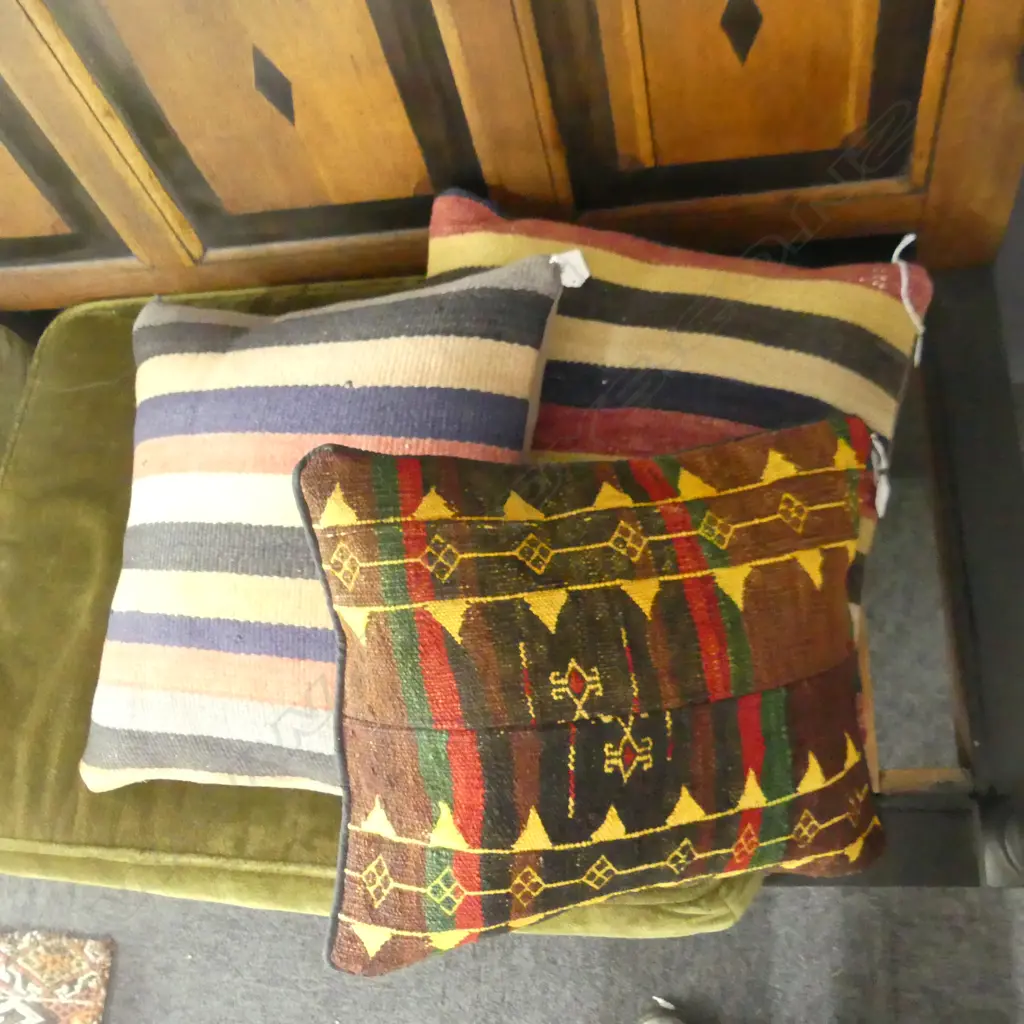 Three scatter cushions with old Turkish kilim faces and zipper closures. Sizes; two 400 x 400mm and one smaller at 360 x 300mm. Image 1++