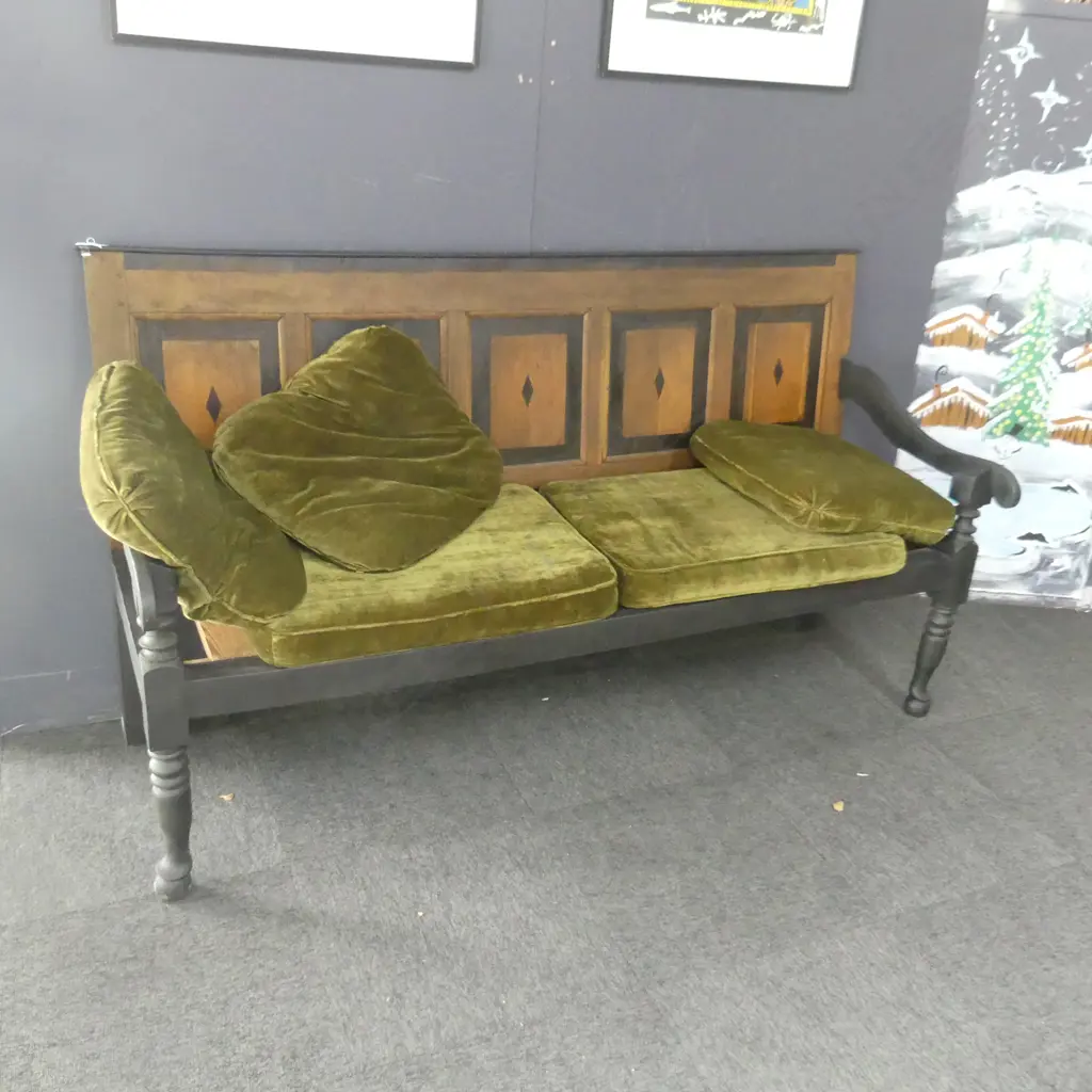 BLACK PAINTED WOODEN SETTLE w. 5 GREEN VELVET CUSHIONS 1840x700x1050mm Image 1++