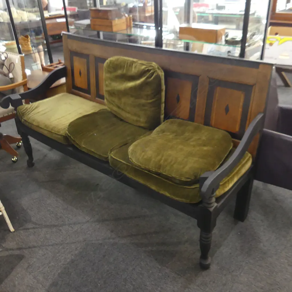 BLACK PAINTED WOODEN SETTLE w. 5 GREEN VELVET CUSHIONS 1840x700x1050mm Image 1++