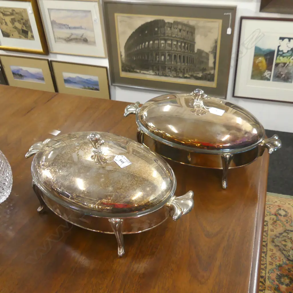 PR LG OVAL GLASS LINED SILVER PLATE SERVING DISHES WITH LIDS L 430MM (EX SULTAN OF BRUNEI) Image 1++