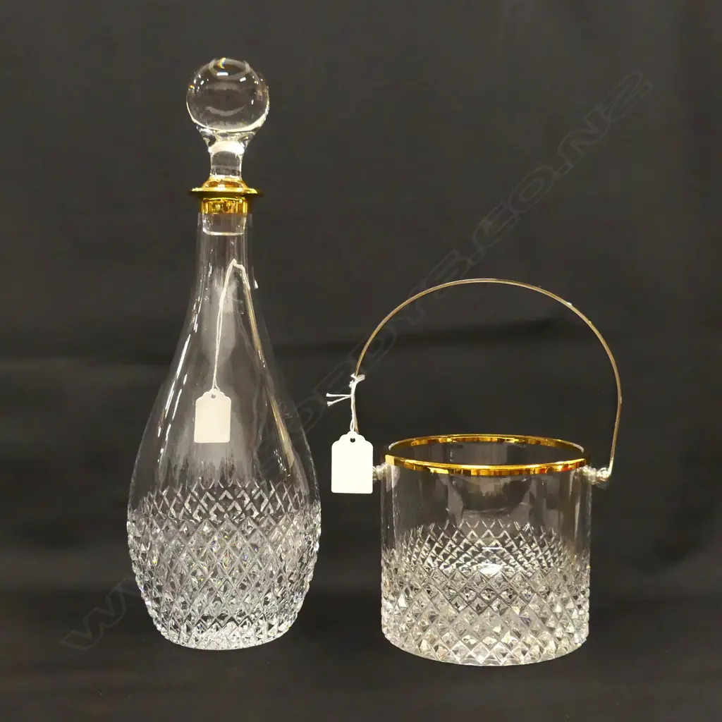 CUT GLASS, GOLD RIMMED ICE BUCKET (DIA 125MM) & MATCHING DECANTER (H. 350MM) (EX SULTAN OF BRUNEI) Image 1++