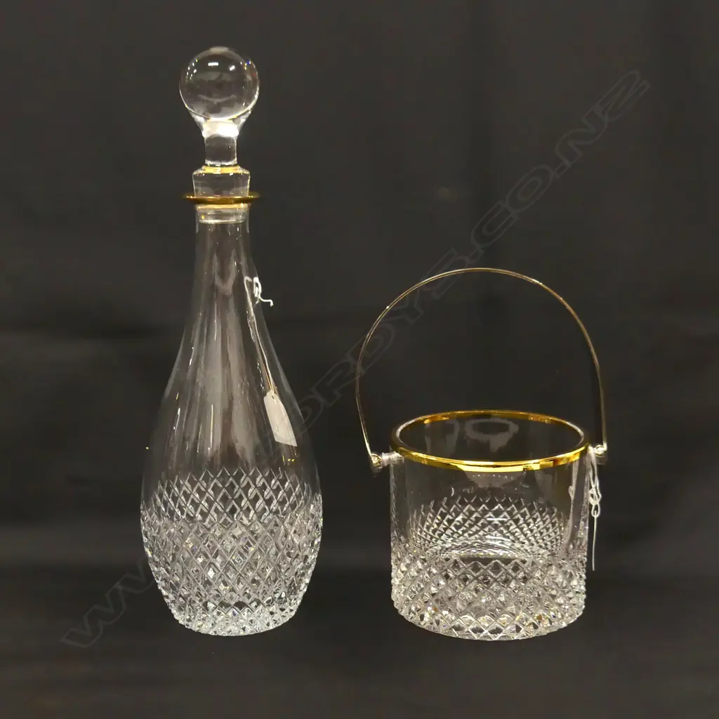 CUT GLASS, GOLD RIMMED ICE BUCKET (DIA 125MM) & MATCHING DECANTER (H. 350MM) (EX SULTAN OF BRUNEI) Image 1++