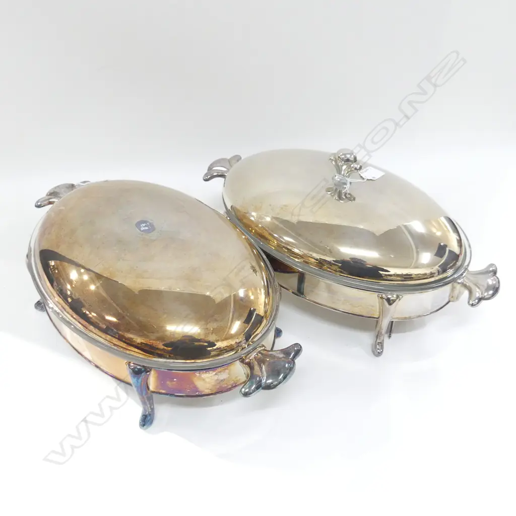 PR LG OVAL GLASS LINED SILVER PLATE SERVING DISHES WITH LIDS (1 HANDLE LID A/F) L 430MM (EX SULTAN OF BRUNEI) Image 1++