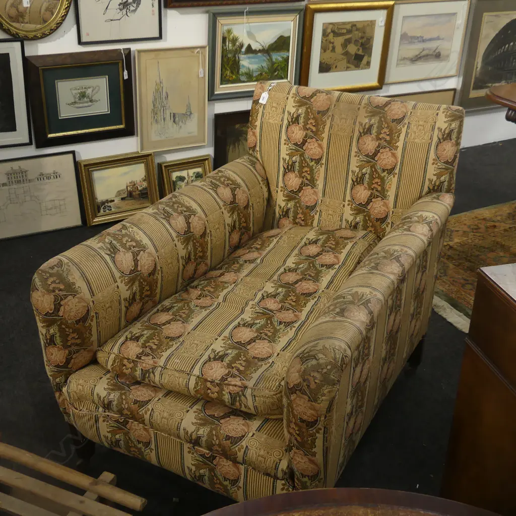 SEMI-CHAISE ENGLISH ARMCHAIR IN STRIPED UPHOLSTERY c.1920 660x1000x830mm Image 1++