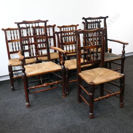 A 19thC set of eight Lancashire elm country chairs,