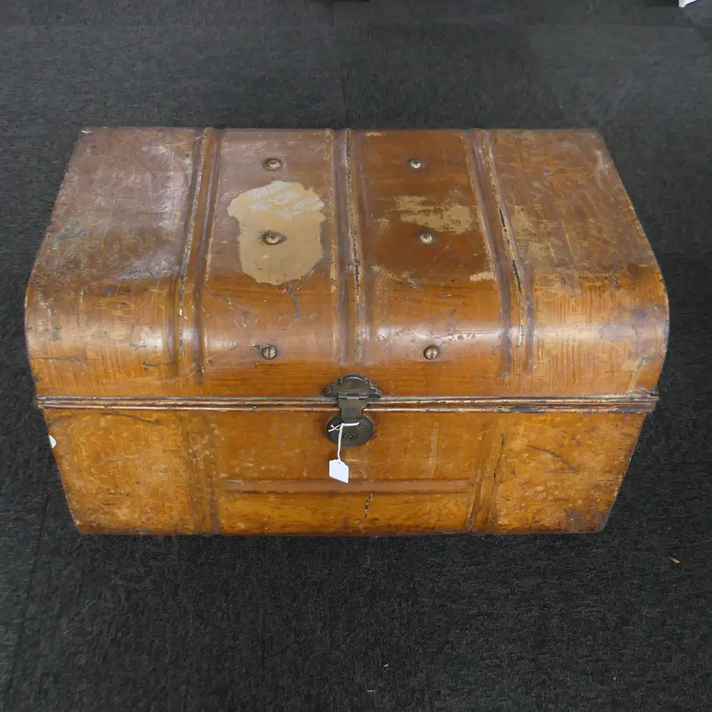 OLD TIN TRUNK; FAUX WOOD FINISH W.700mm Image 1++